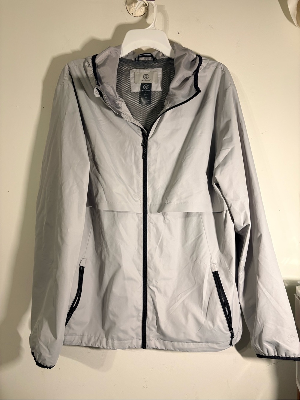 Champion Light Gray Hooded Windbreaker with Black Trim